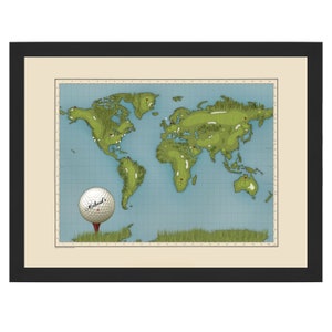 May include: A world map with golf courses marked on it. The map is framed in black and has a golf ball with the name "Michael's" on it in the bottom left corner.