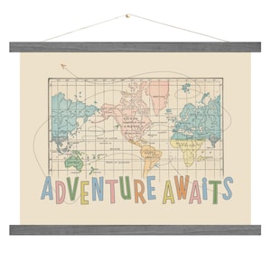 Vintage Map Art Canvas, Adventure Awaits, World Travel Map Art