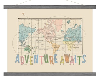 Vintage Map Art Canvas, Adventure Awaits, World Travel Map Art