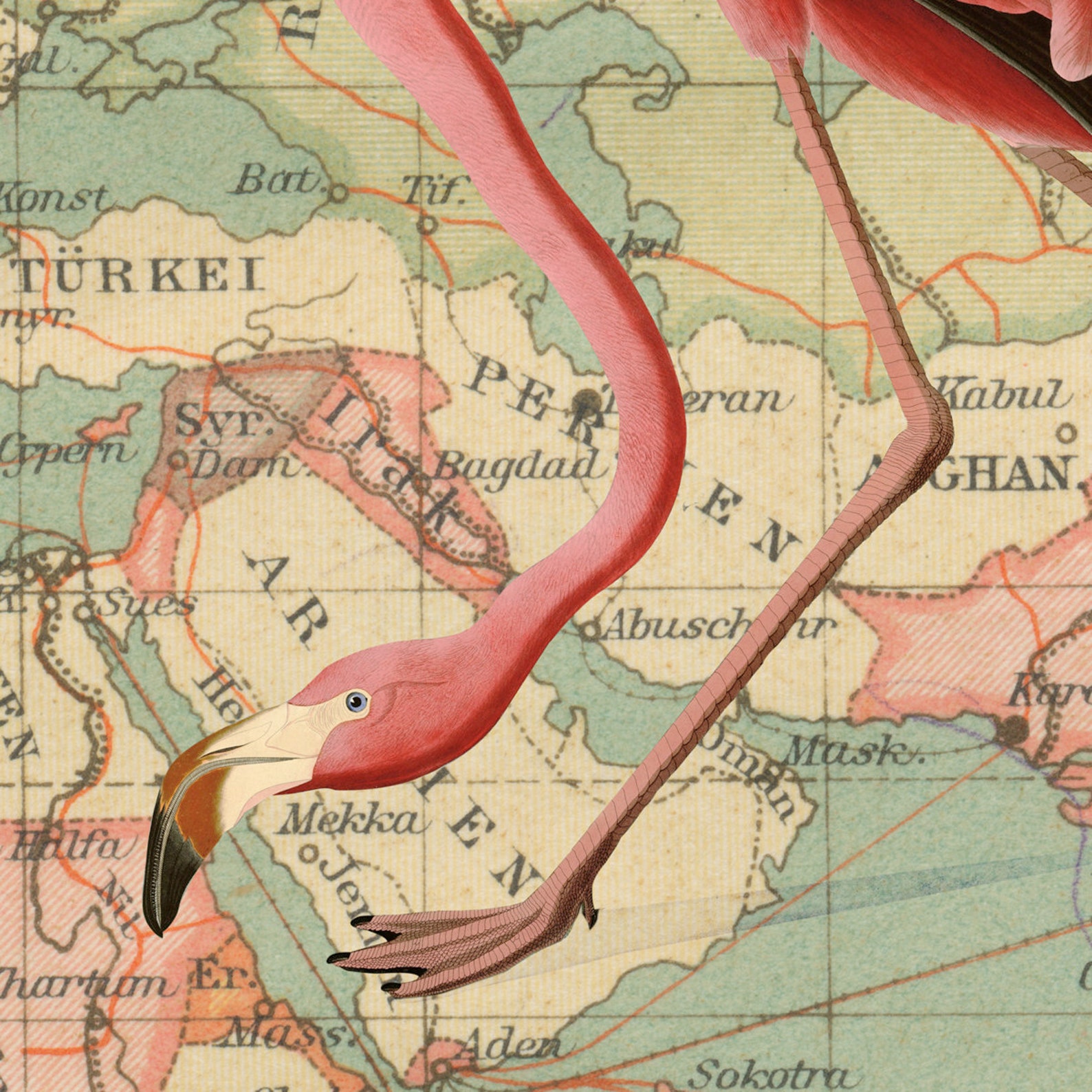 Pink Flamingo Map Art Collage Print Collaged Map Art Print  Etsy