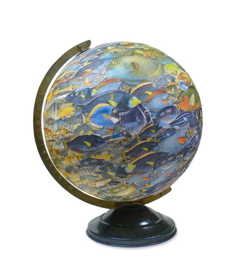 Vintage Globe Art, School of Fish, Fish Swarm World Globe Art image 4