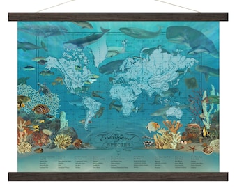 Vintage Map Art, Endangered Ocean Species, Canvas World Map Art Print | Wendy Gold, Educational Map, World Map Art