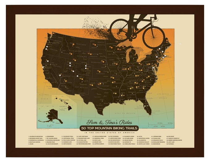 Mountain Bike USA Trails Pushpin Tracker Map, Mountain Biker Gift