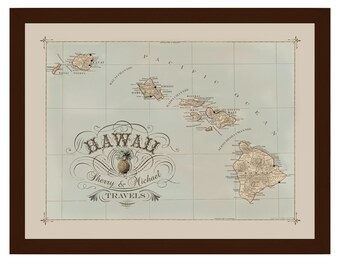 Push Pin Map, Personalized Vintage Hawaii Pushpin Travel Map, Customized Hawaii Push Pin Wall Map Art