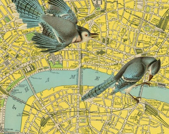 London Birds Map Art Collage Print, 10x10 Collaged Map Art Print