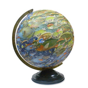 Vintage Globe Art, School of Fish, Fish Swarm World Globe Art image 3