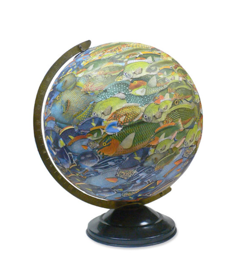 Vintage Globe Art, School of Fish, Fish Swarm World Globe Art image 3