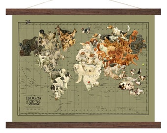 Vintage Map Art Canvas, Dogs World, Canine World Map Art