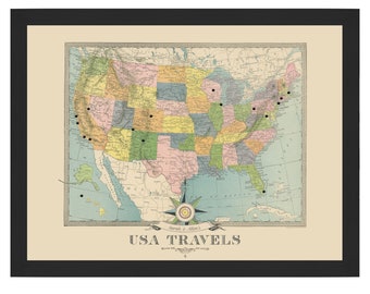 Personalized USA Travels Push Pin Map, US Map with Pins, Personalized Travel Gift