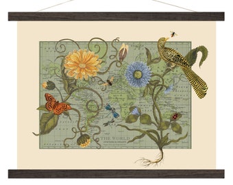 Vintage Map Art Canvas, Botanical Delights, Antique Botanical World Map Art