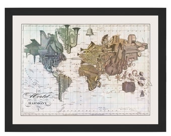 Music World Collage Map Art Print by Wendy Gold,  Music Instrument Art