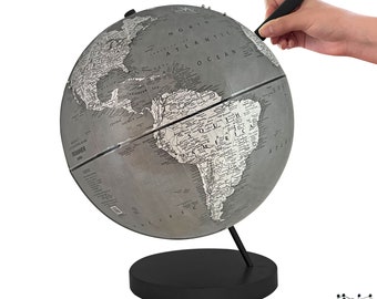Grey Push Pin World Globe: Travel Tracker, Classroom Geography