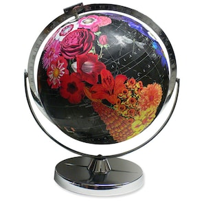 Vintage Globe Art, Bloom, Flower Globe, Black World Globe Art image 1