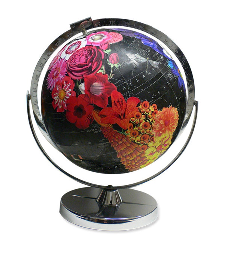 Vintage Globe Art, Bloom, Flower Globe, Black World Globe Art image 1