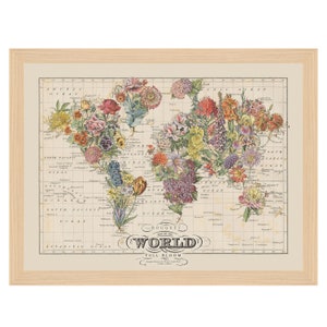 Bouquet Flowers Map of the World Collage Map Art Print