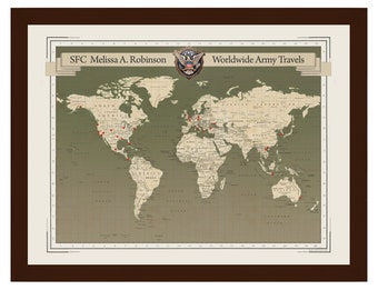 Personalized Army Push Pin Travel Map: Military Retirement Gift