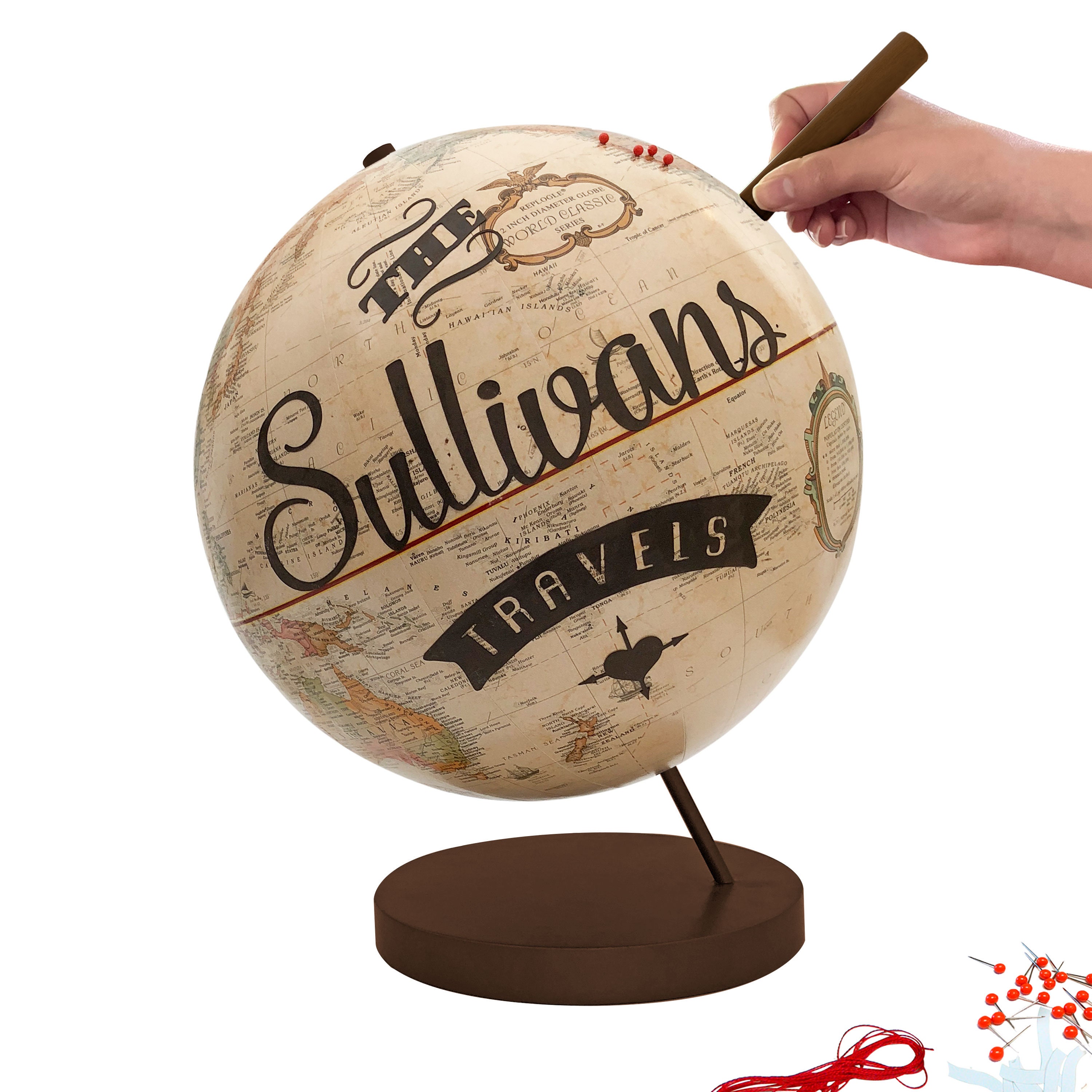 Personalized Push Pin World Globe Family Travel Gift, Alternative Guest Book