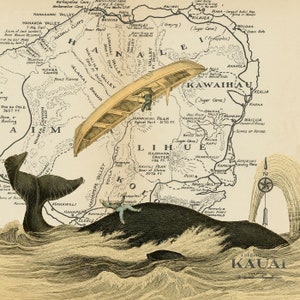 Kauai Whale Map Art Collage Print, 10x10 Collaged Map Art Print