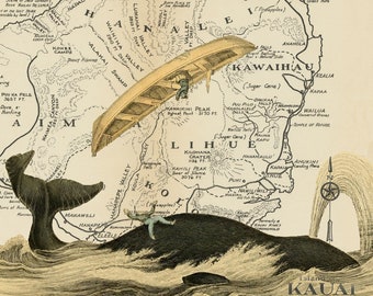 Kauai Whale Map Art Collage Print: Vintage Island Adventure (10x10)