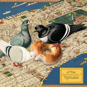 New York Bagel Art Collage Print, 10x10 Collaged Map Art Print