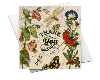 Thank You Card, Flower Map Art Thank You Card by Wendy Gold,  Vintage Flowers Thank You Card