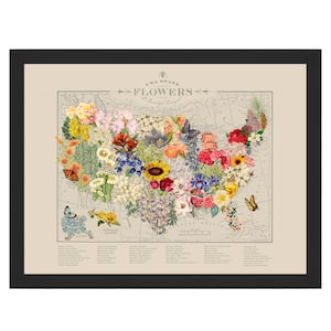 May include: A vintage-style map of the United States with each state represented by its official flower. The map is printed on a cream-colored background with a black frame. The title of the map is "USA State Flowers".