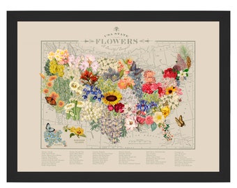 USA State Flowers Map Art Print: Vintage Floral Wall Decor