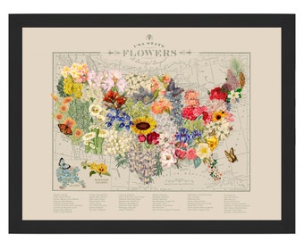 USA State Flowers Map Art Print by Wendy Gold,  US Flower Map Art, Floral Wall Art