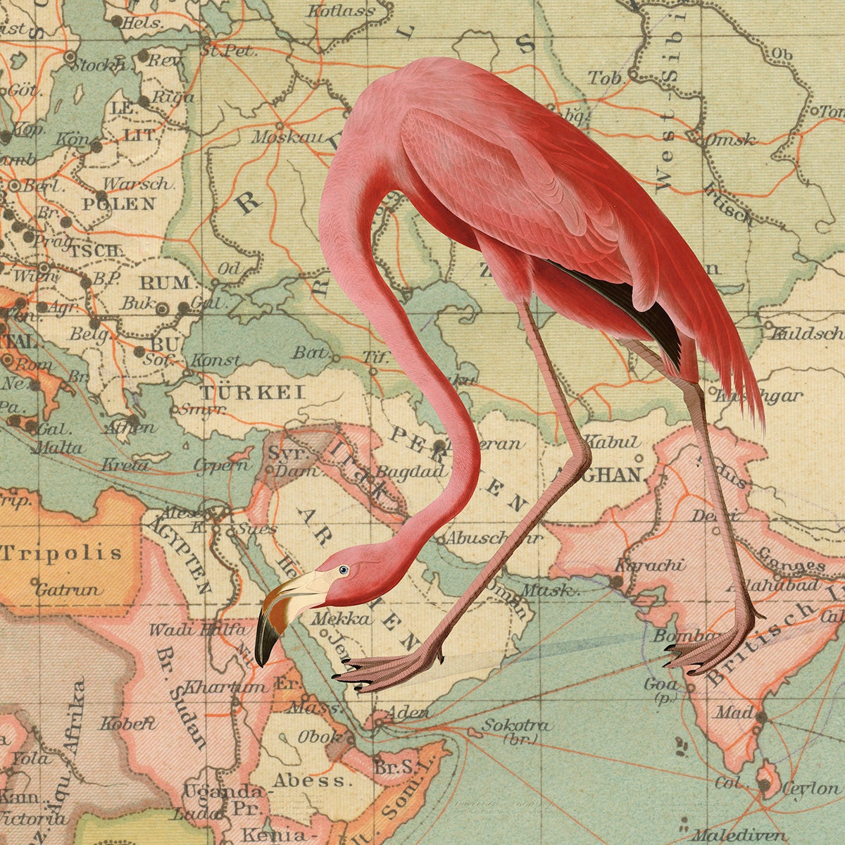 Pink Flamingo Map Art Collage Print Collaged Map Art Print  Etsy