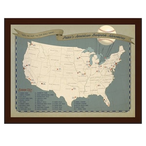 May include: A framed map of the United States featuring numbered red dots marking various baseball stadiums. A banner at the top reads "Take me out to the ball game... Peter's American Ballpark Adventures" with a baseball illustration.