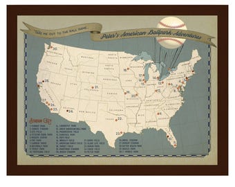 May include: A framed map of the United States featuring numbered red dots marking various baseball stadiums. A banner at the top reads "Take me out to the ball game... Peter's American Ballpark Adventures" with a baseball illustration.