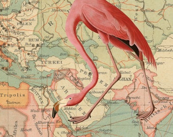 Pink Flamingo Map Art Print: Vintage Collage (10x10)