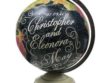 Vintage Globe Art, Customized Wedding Gift, Anniversary Gift, Personalized Vintage Black World Globe, Globe Art, Wedding Globe