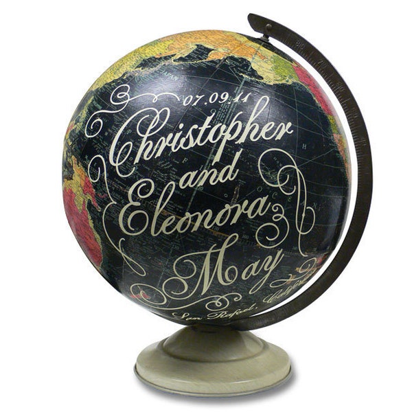 Vintage Globe Art, Customized Wedding Gift, Anniversary Gift, Personalized Vintage Black World Globe, Globe Art, Wedding Globe