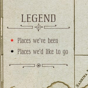 Leyenda de mapa con chinchetas personalizadas: Complemento para mapas con chinchetas Wendy Gold