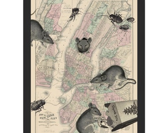 Vintage New York City Map Art Print with Rats & Roaches by Wendy Gold,  New York Map Art