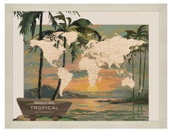 Beach Vacation Pushpin Travel Map, Personalized Tropical World Pin Map