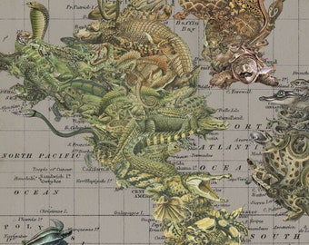 Cold Blooded Map Art Collage Print, 10x10 Reptile and Amphibian Collaged Map Art Print