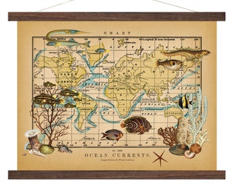 Vintage Map Art, Ocean Currents, Beach House, World Map Canvas Art