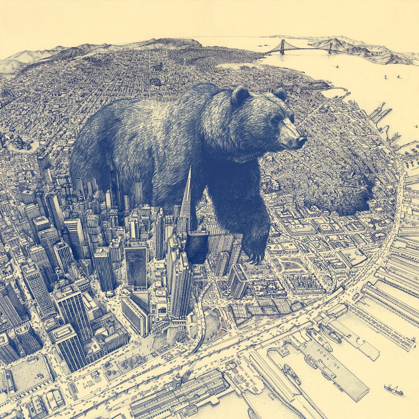 California Bear Map Art Print: San Francisco Collage (10x10)