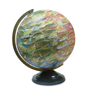 Vintage Globe Art, School of Fish, Fish Swarm World Globe Art image 2