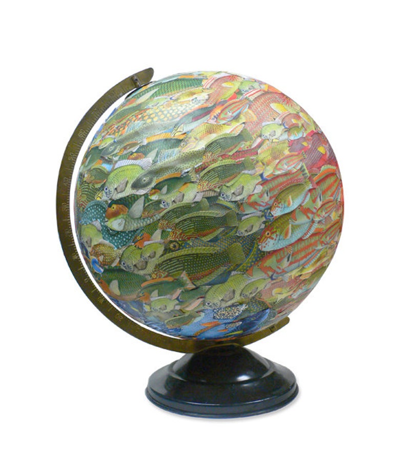 Vintage Globe Art, School of Fish, Fish Swarm World Globe Art image 2