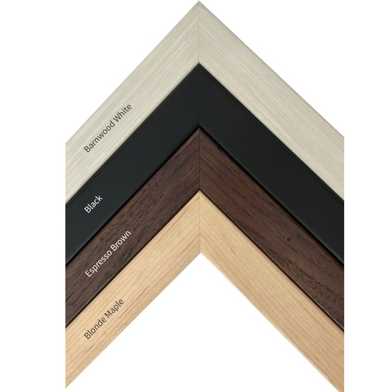May include: Close-up of four different wood frame samples. The frames are arranged in a diagonal pattern, with the lightest color at the top and the darkest color at the bottom. The colors are: Barnwood White, Black, Espresso Brown, and Blonde Maple.