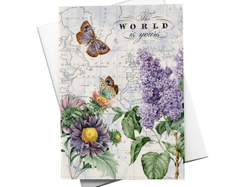 Flower Map Art Greeting Card by Wendy Gold, Inspirational Flower Greeting Card, Flower Map Art Card, The World is Yours Card