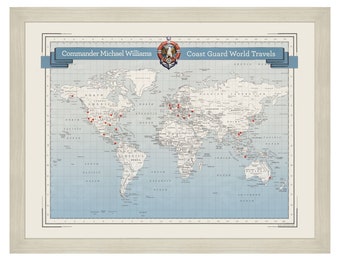 Coast Guard Push Pin Travel Map, Military Pin World Map, Coast Guard Retirement Gift, USCG Graduation Gift, Coast Guard Husband Gift