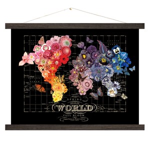 Floral World Map Canvas Art: Spring in Bloom, Black Vintage Style
