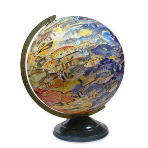 Vintage Globe Art, School of Fish, Fish Swarm World Globe Art image 5