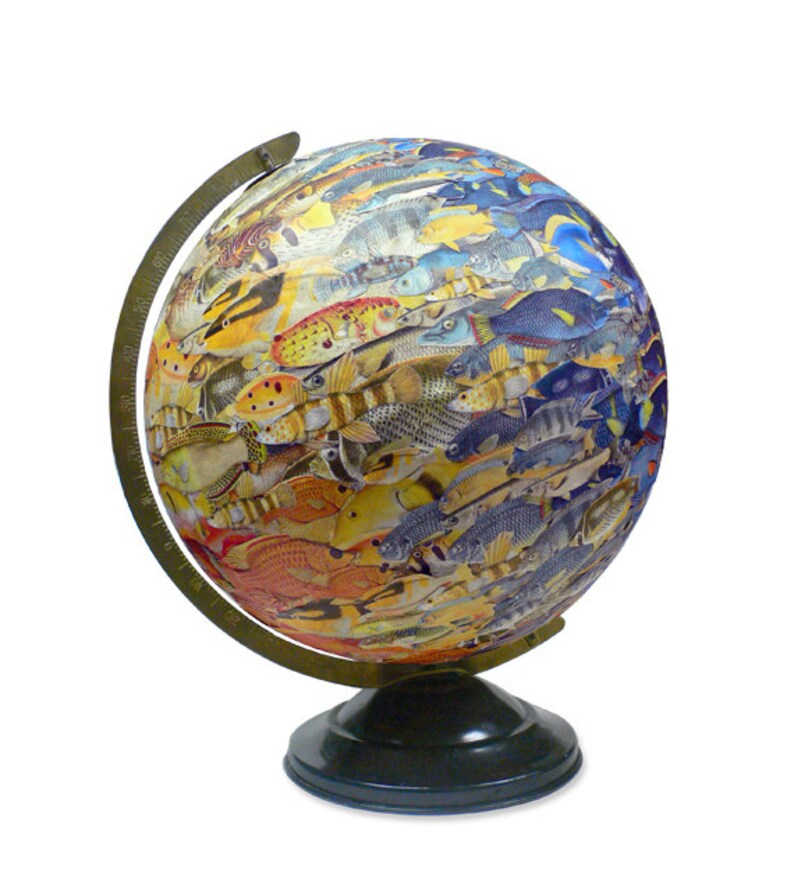 Vintage Globe Art, School of Fish, Fish Swarm World Globe Art image 5