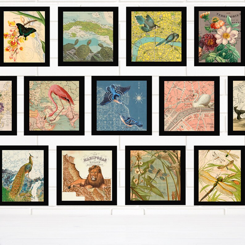 Collaged Map Art Print Butterfly and Flowers Map Art Collage Print