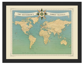 Family Travels Personalized Push Pin World Map, Family Road Trip Map, Custom Family Travel Gift